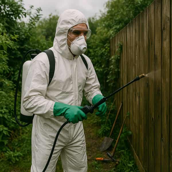 Fachmann in Schutzkleidung bei der Schädlingsbekämpfung im Garten – Schädlingsbekämpfung Zürich