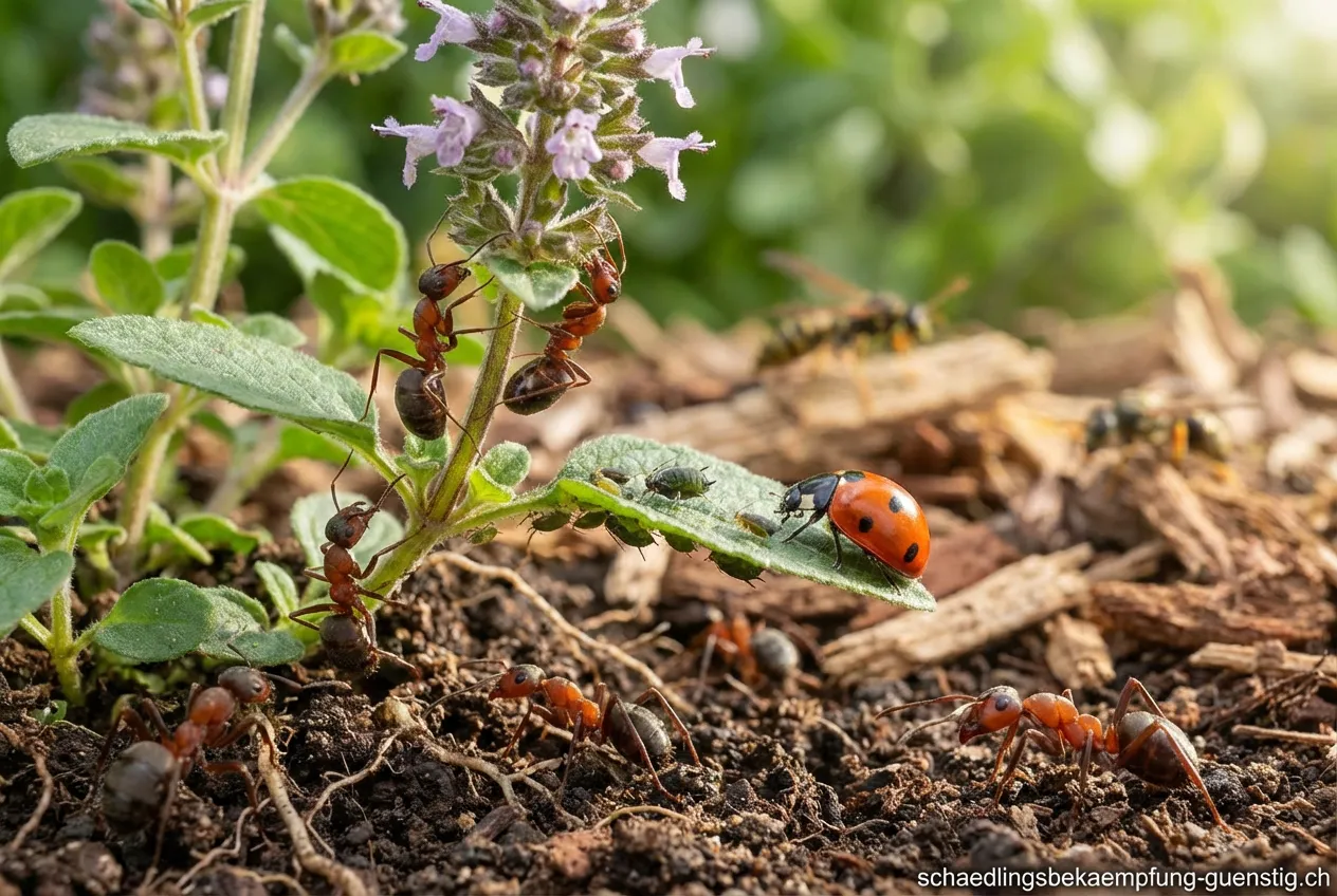 Ameisen arbeiten auf einer Pflanze im grünen Garten