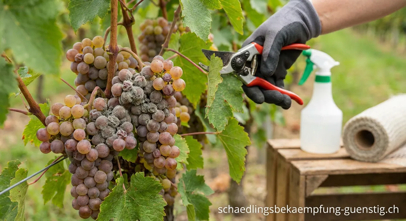 Botrytis-Befall an Weintrauben in einem Weinberg