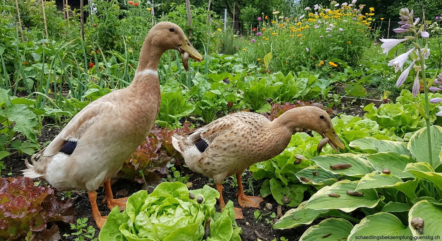 Laufenten bei der Schneckenjagd im Gemüsegarten