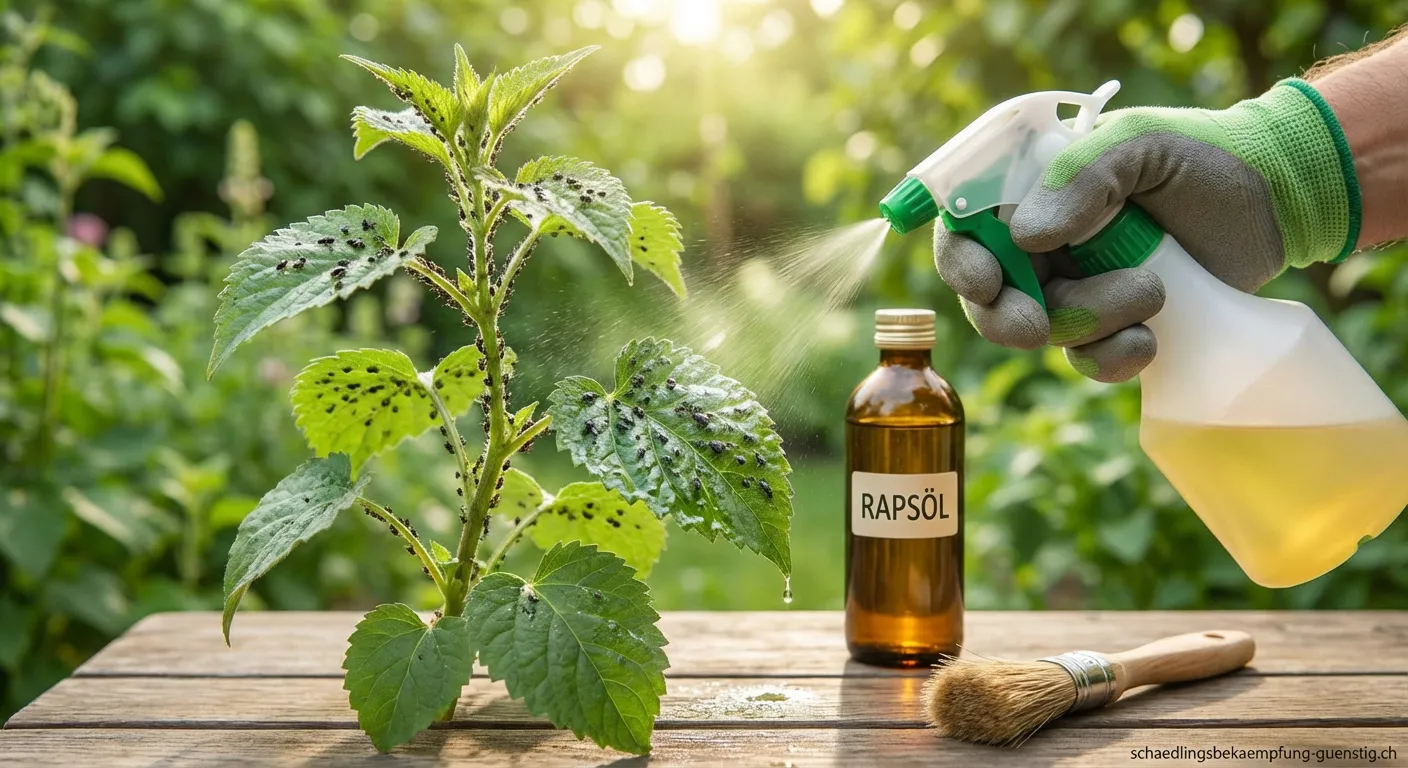 Flasche mit Rapsöl für natürliche Schädlingsbekämpfung