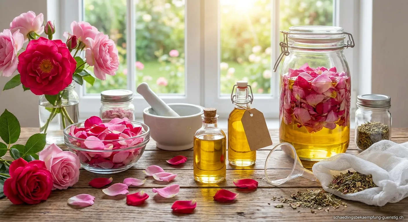 Gläser mit selbstgemachtem Rosenöl und frischen Rosenblüten auf einem Holztisch