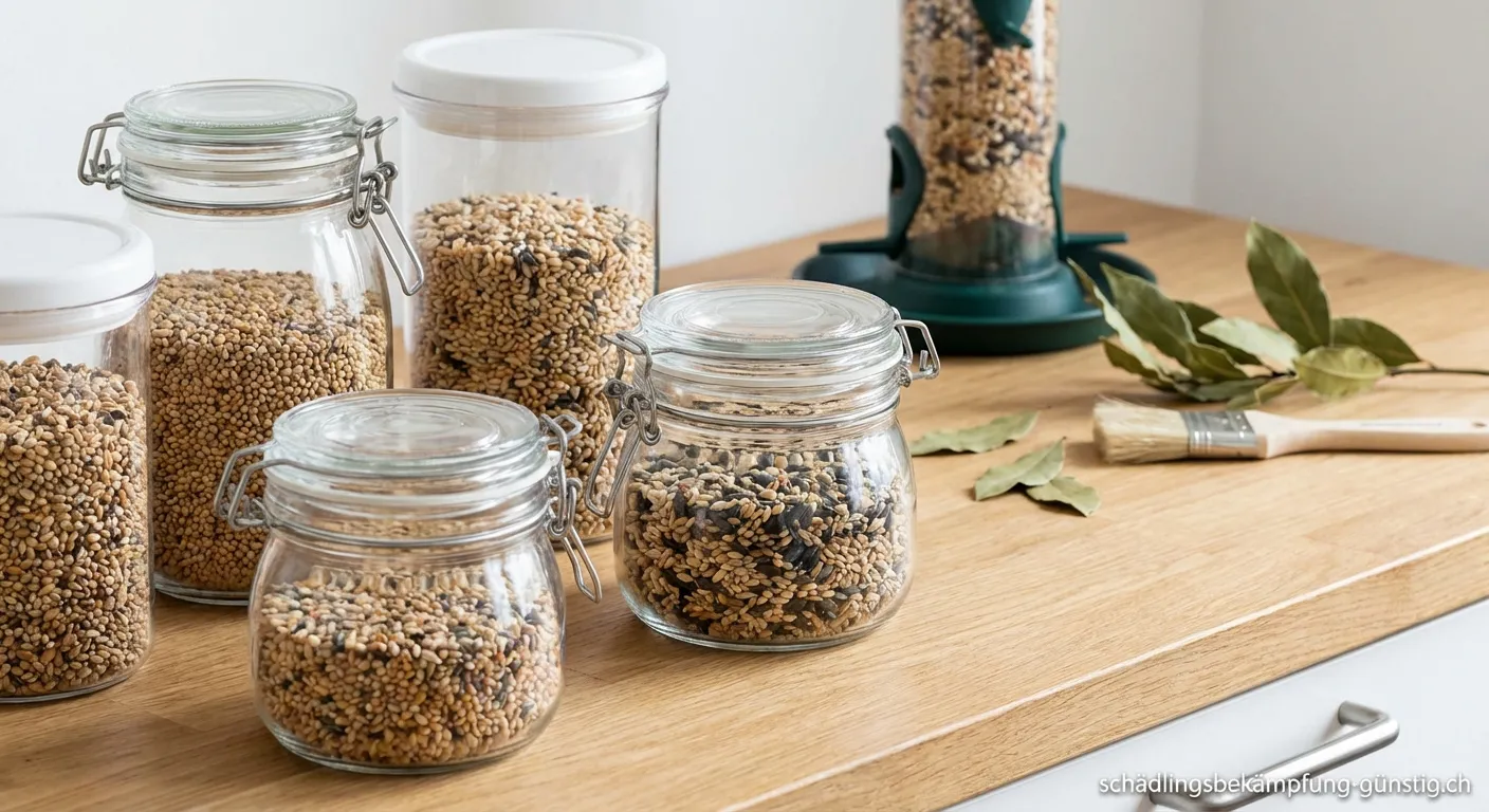 Vorratsglas mit sauberem Vogelfutter ohne Schädlinge