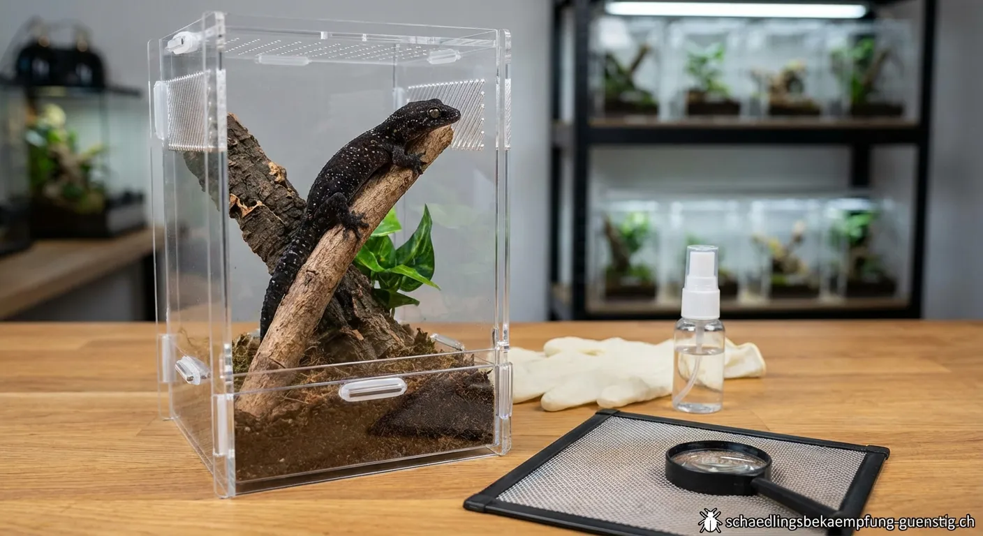 Galaxiengecko im Terrarium wird auf Milben und Parasiten untersucht