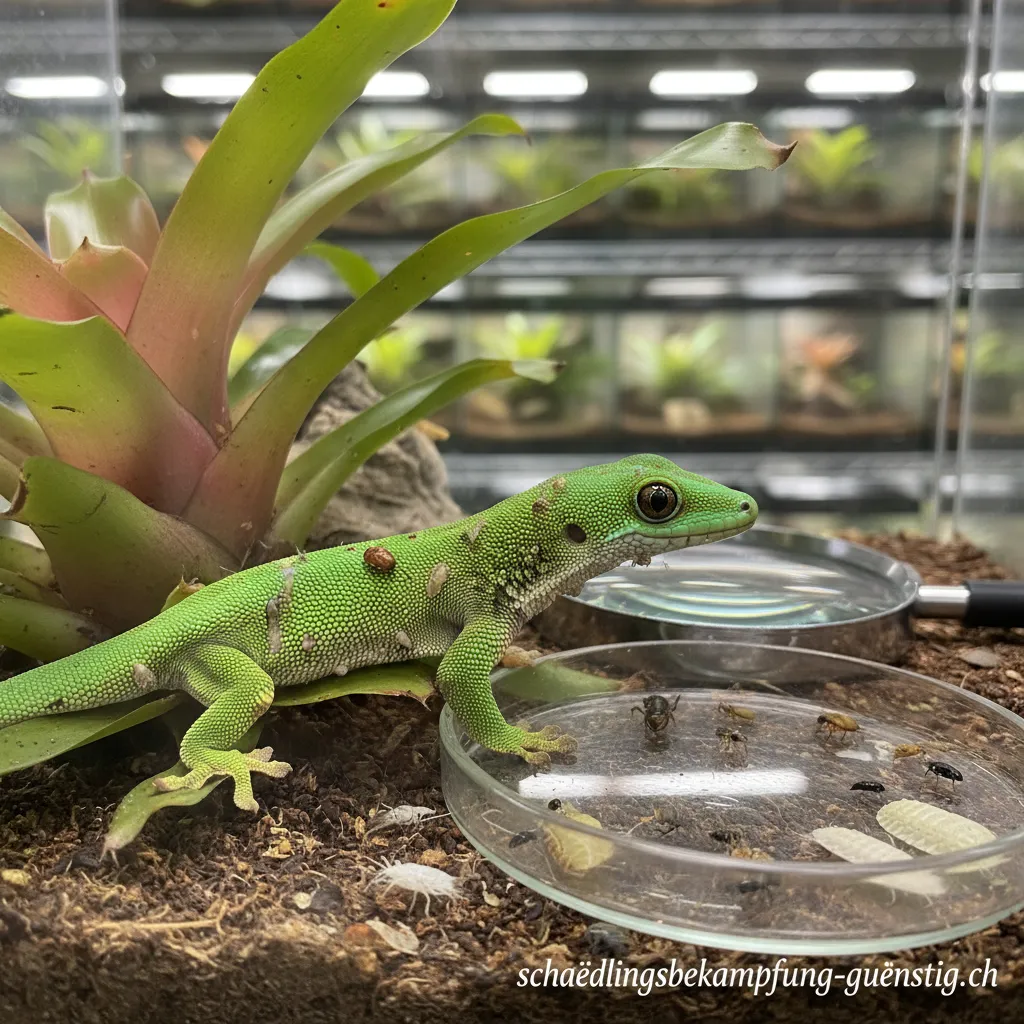 Phelsuma grandis auf einem Bambusrohr in einem sauberen Terrarium.
