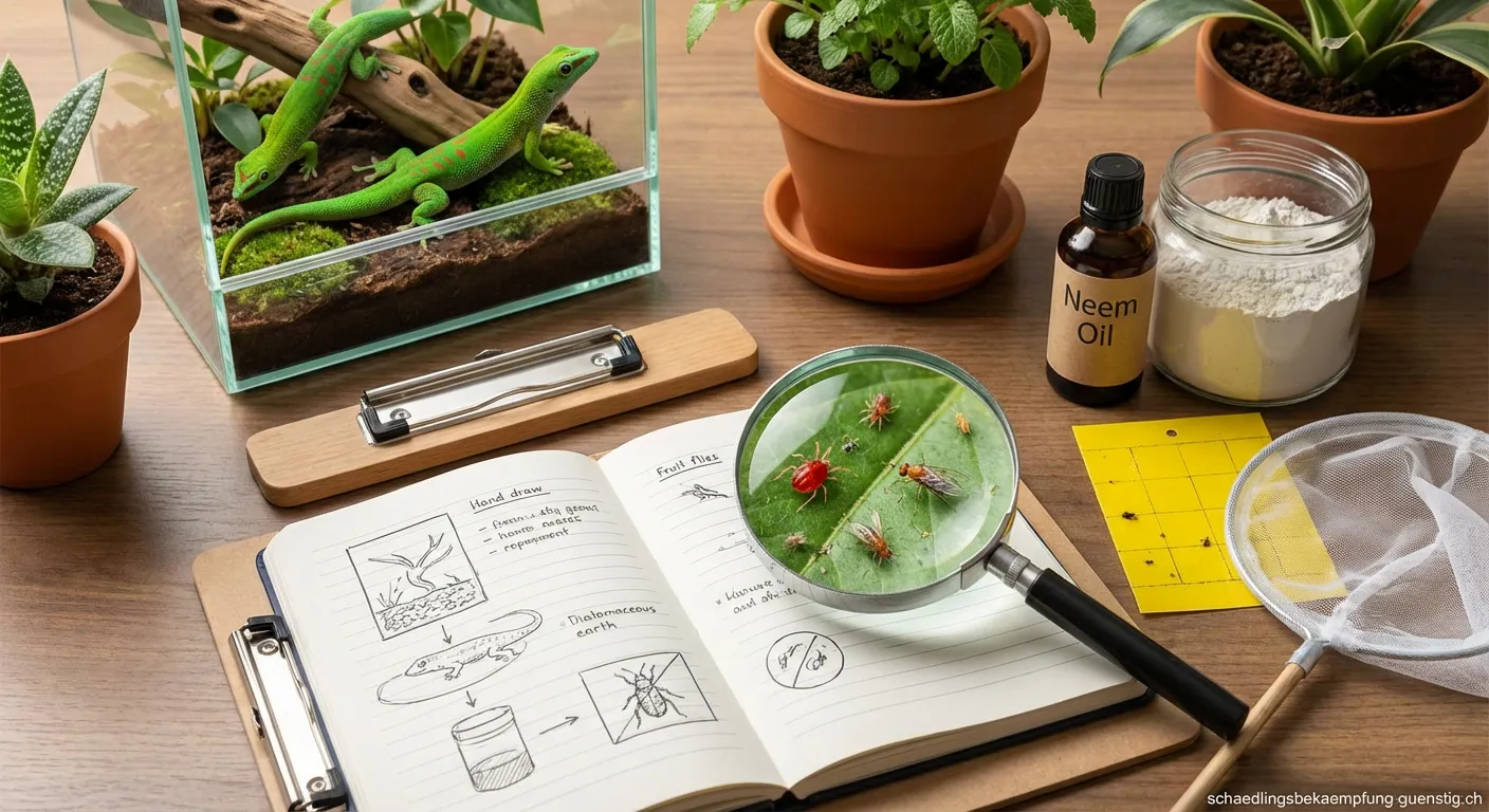 Grüner Taggecko im Terrarium mit Lupe zur Schädlingssuche