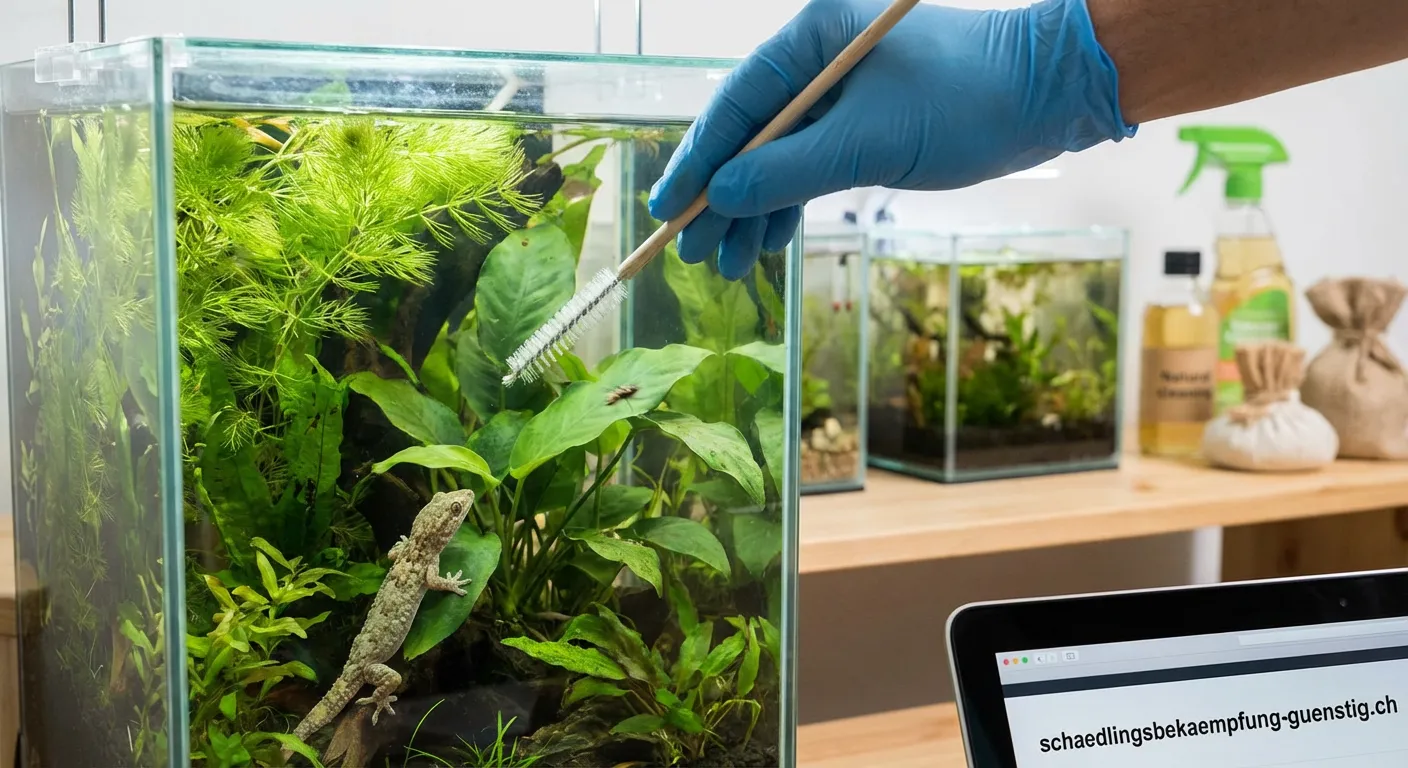Wassergecko im Terrarium mit Lupe zur Schädlingssuche