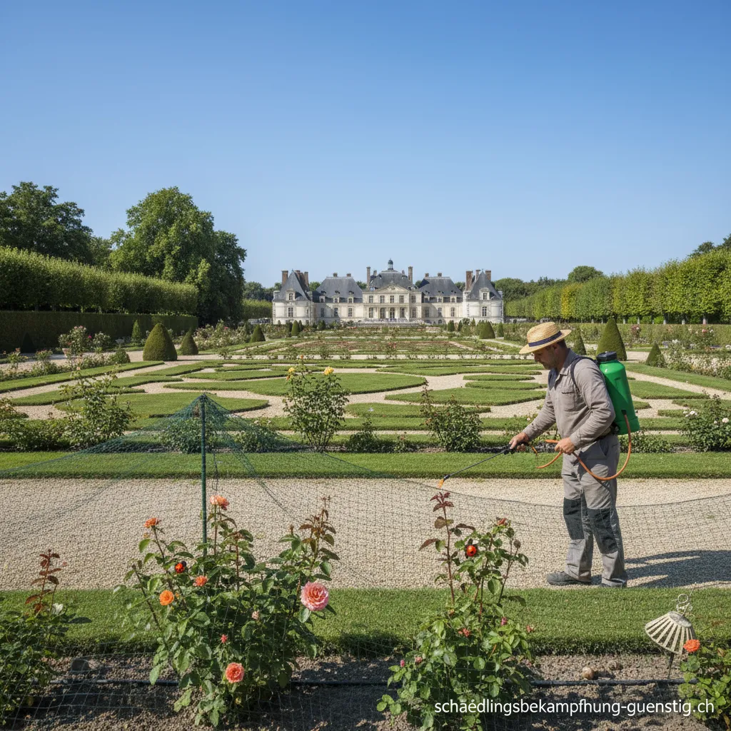 Ein gepflegter französischer Garten mit geometrischen Buchsbaumhecken.