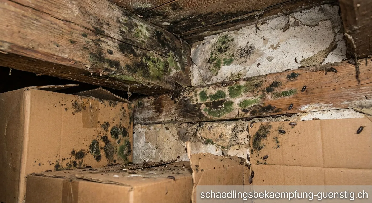 Schimmel an einer Wand mit Lupe die Schädlinge zeigt