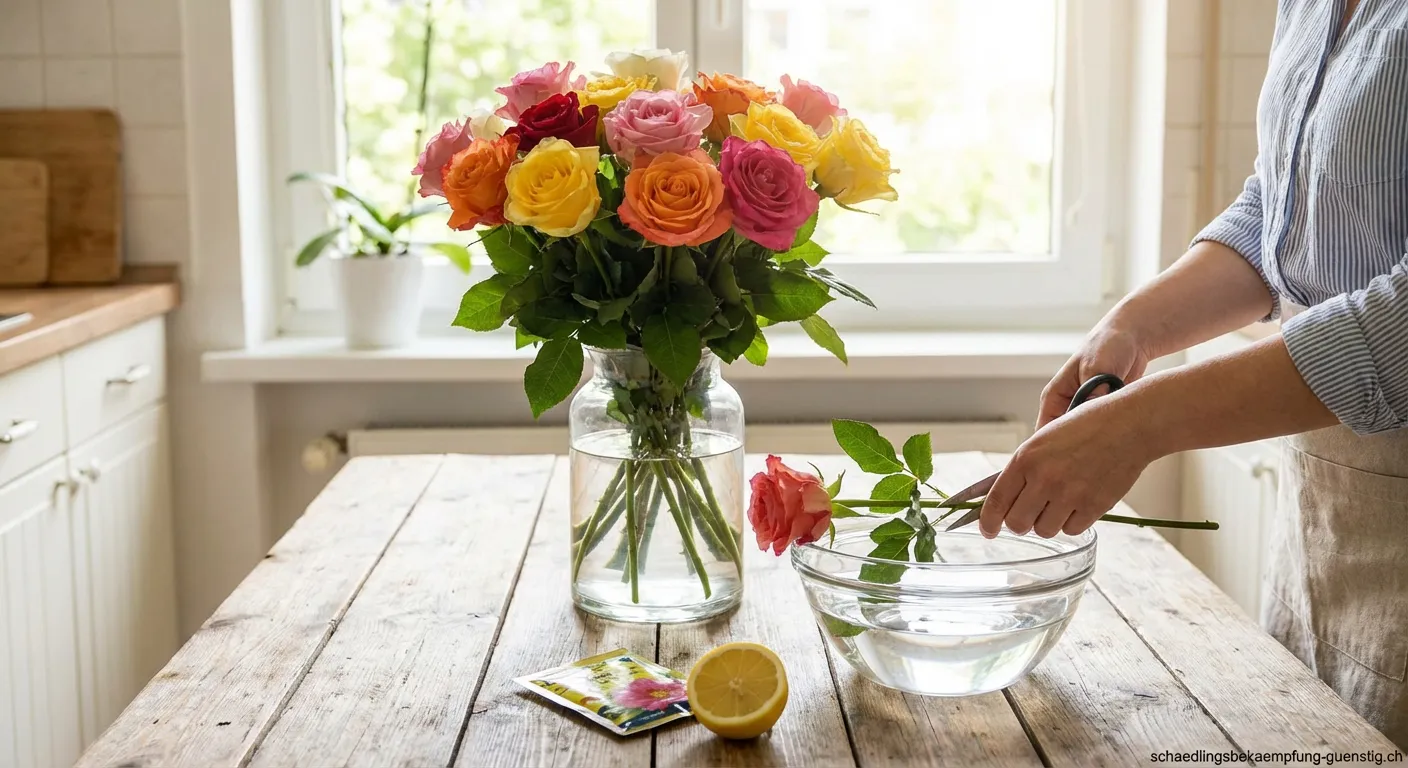 Frische rosa Schnittrosen in einer Glasvase