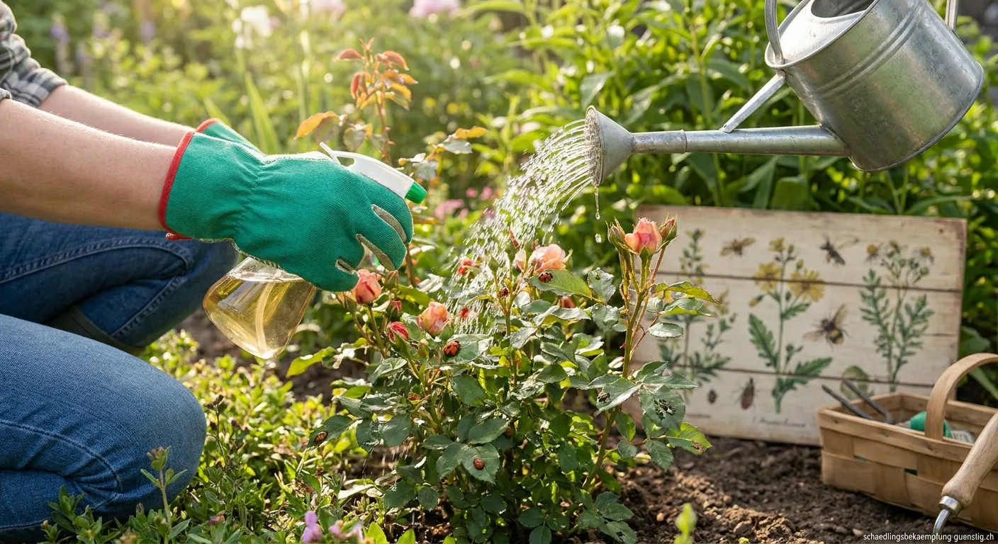 Schädlingsbekämpfung in einem blühenden Staudengarten mit gesunden Pflanzen